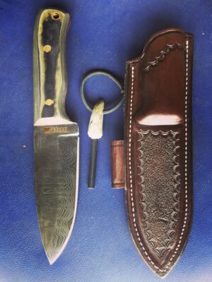 Damascus Avcı Bıçağı, Deri Kılıf ve Ateş Başlatıcı Seti
