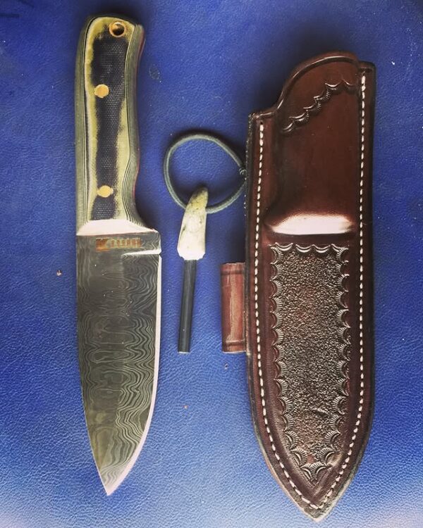 Damascus Avcı Bıçağı, Deri Kılıf ve Ateş Başlatıcı Seti